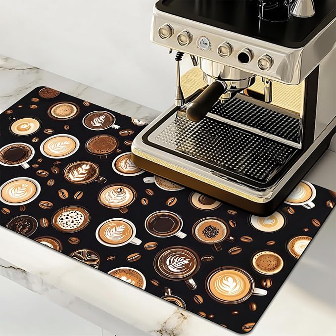 Dish Drying Mat Large Coffee Mat Absorbent Drying Mat for Kitchen Counter Coffee Bar Accessories 32"x 17", Latte Cups