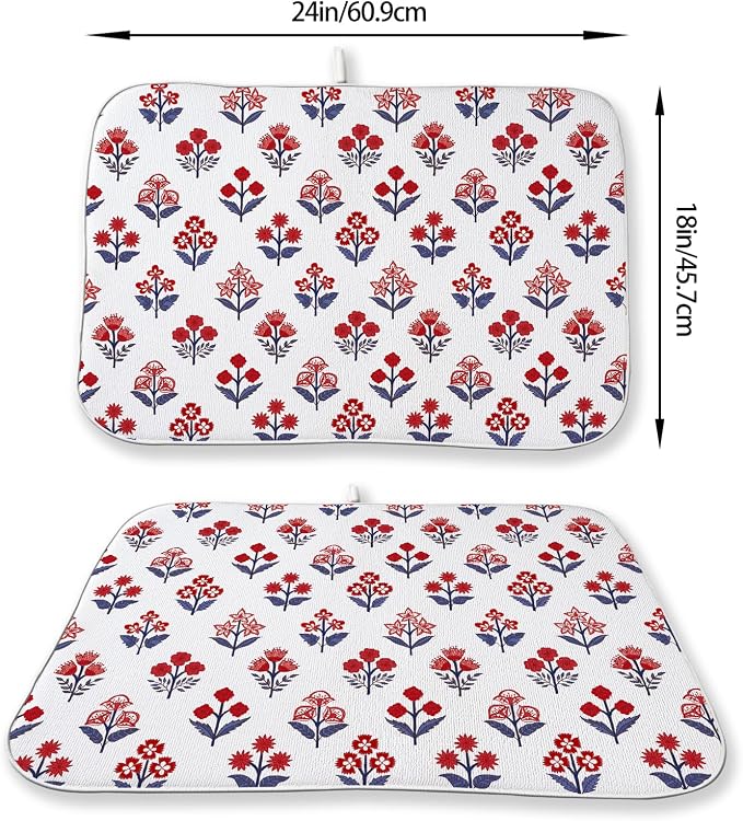 Red Blue Dish Drying Mat 18x24 Inch Vintage Boho Block Print Floral Drying Mat 4th of July Patriotic Flower Seasonal Absorbent Dish Drying Pad Dish Rack Drainer Mats for Kitchen Dining Counter