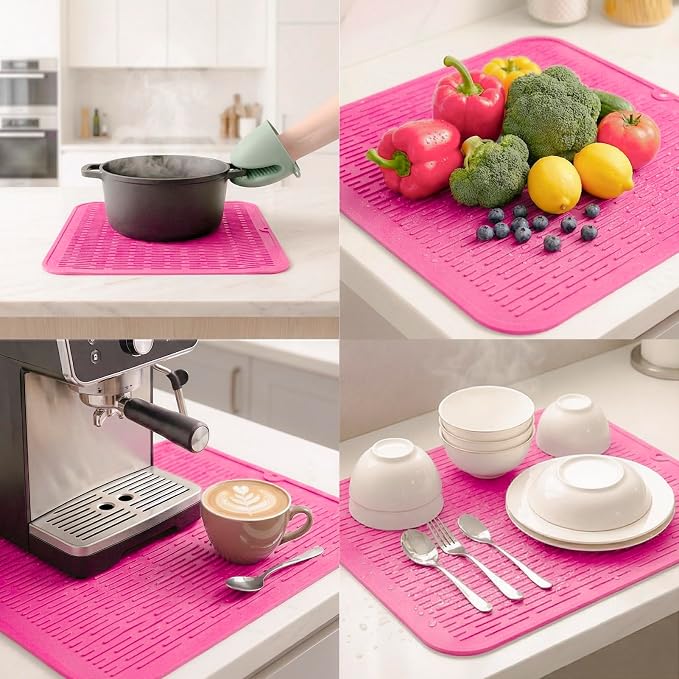 MicoYang Silicone Dish Drying Mat for Multiple Usage,Easy clean,Eco-friendly,Heat-resistant Silicone Mat for Kitchen Counter or Sink,Refrigerator or Drawer Liner Rose XL 18 inches x 16 inches