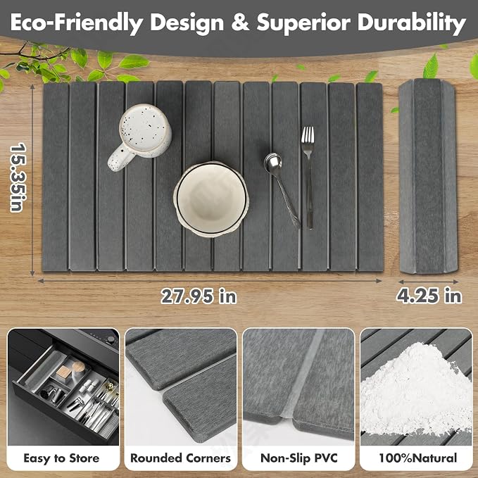 Extra Large Stone Dish Drying Mat for Kitchen Counter, 28"×16" Eco-friendly,Instant Drying Pad,Diatomaceous Earth Water Absorbing Mat, Foldable and Super Absorbent Dish Drying Stone Mat, Dark Gray