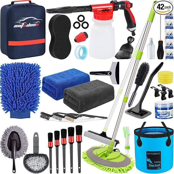 42Pcs Car Wash Detailing Kit Cleaning Set with Foam Gun Sprayer, Long-Handle Brush, Collapsible Bucket, Large Wash Mitt, Towels, Complete Interior & Exterior Car Washing Supply Set (Blue)