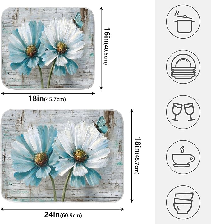 Rustic Teal White Daisy on Vintage Wooden Dish Drying Mat for Kitchen Counter Absorbent Microfiber Large Drying Pad Dish Mats for Kitchen Countertops 18 x 24 Inch