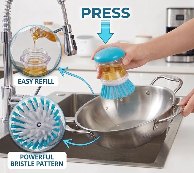 Soap Dispensing Palm Brush, Blue, Easy-Fill Scrubber for Kitchen & Home Cleaning, Pack of 1, Hampton Distribution