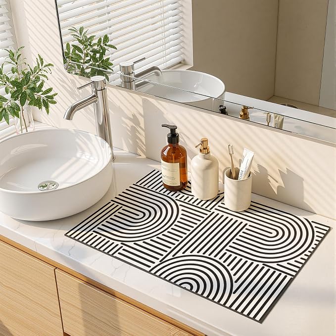 Findosom Dish Drying Mat, 12" x 20" Super Absorbent Dish Mat with Modern Geometric Striped, Hide Stain Drying Mat for Kitchen Counter, Under Dish Rack, Coffee Maker, Espresso Machine, Black & White