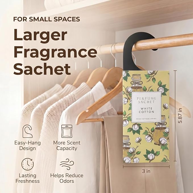 Large 12 Packs White Cotton Hanging Scented Sachets Long-Lasting Closet Deodorizer Air Freshener Fabric Refresher Odor Eliminator for Drawer Home Fragrance Gift Set
