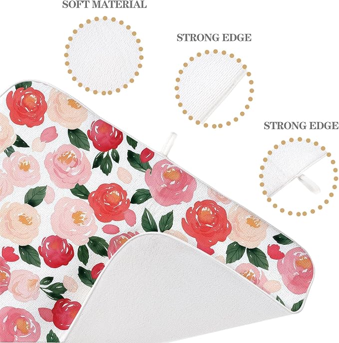 Floral Dish Drying Mat 18x24 Inch Watercolor Red Pink Flower Drying Mat Vintage Spring Summer Valentines Day Romantic Absorbent Dish Drying Pad Dish Rack Drainer Mats for Kitchen Dining Counter