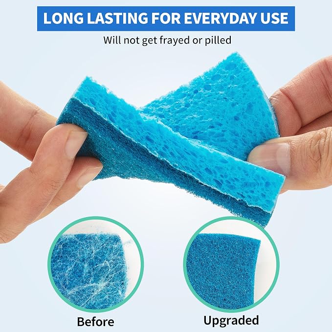 Non-Scratch Cellulose Scrub Sponges 24 Pack, Kitchen Sponge with Double-Side & Ergonomic Design. Sturdy Sponge for Dishes, Coated Cookware, Sink, Countertops.