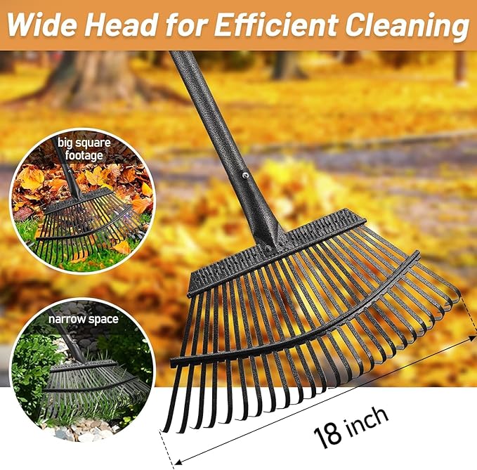Garden Rake for Leaves, Leaf Rakes Heavy Duty for Yard,Lawn,Shrub,Grass,Mulch, 18" Metal Head,6ft Adjustable Long Handle,Adults Kids Rake for Gardening