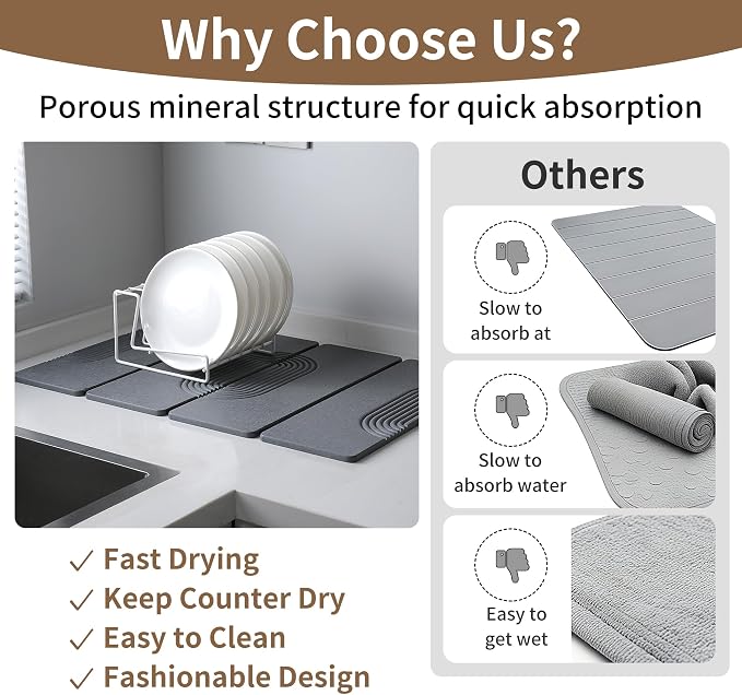 Foldable Stone Dish Drying Mat for Kitchen Counter, Diatomaceous Earth Drying Mat with Non-Slip Backing, Heat Resistant Multifunctional Mat for Kitchen & Bathroom, Instant water absorption-(24"×16")