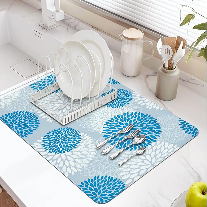 Dish Drying Mat, Dish Mat Drying Kitchen Mat with Rubber Backed, Hide Stain Kitchen Super Absorbent Draining Mat, Easy to Clean Dish Rack Pad for Dishes Countertop (Blue Floral, 16" x 24" )