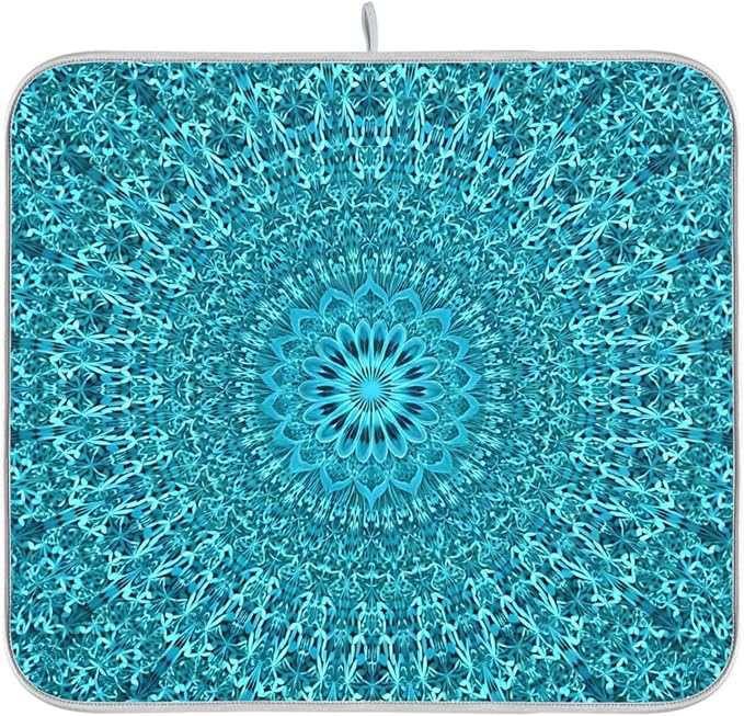 Super Absorbent Dish Drying Mat, Microfiber Fast-Drying Dish Mat, 24" x 18", Kitchen Dish Drying Pad, Mandala Turquoise Teal Blue Green