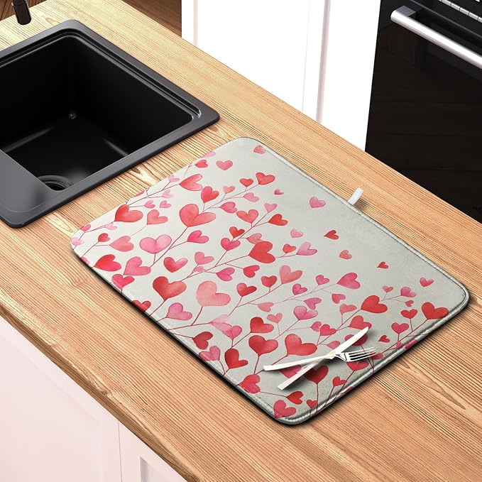 Valentines Pink Love Heart Dish Drying Mat Valentine Day Absorbent Microfiber Dish Drying Pad Heat Resistant Kitchen Counter Draining Mat Extra Large Dish Drainer Rack Mats 16x18 Inch