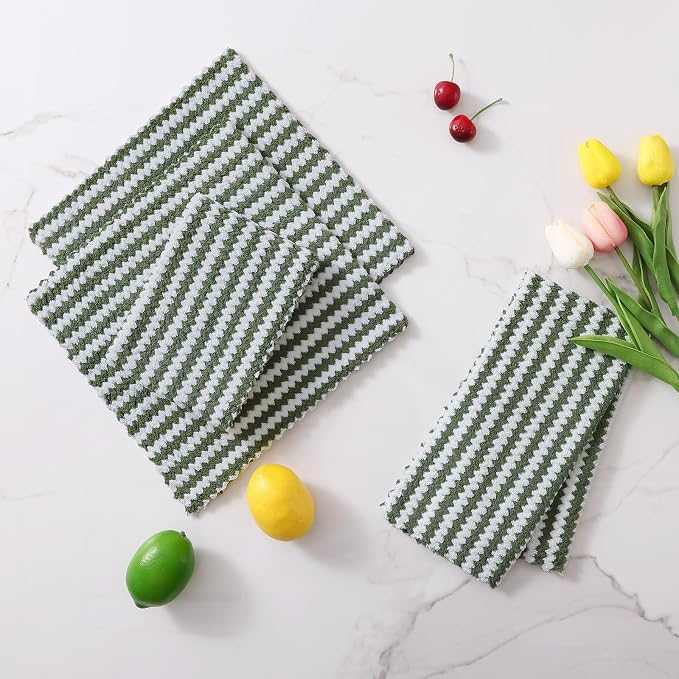Homaxy 18 Pack Kitchen Dish Cloths, Ultra Soft and Absorbent Dish Towels, Reusable Fast Drying Microfiber Cleaning Cloth, Coral Velvet Wave Design No-lint, 10 x 10 inches, Grass Green