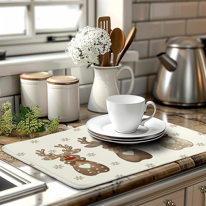 Christmas Reindeer Snowflakes Dish Drying Mat for Kitchen Counter 18x24 Inch Winter Xmas Holiday Drying Pads Microfiber Absorbent Dish Draining Mat Large Dish Drainer Rack Mat