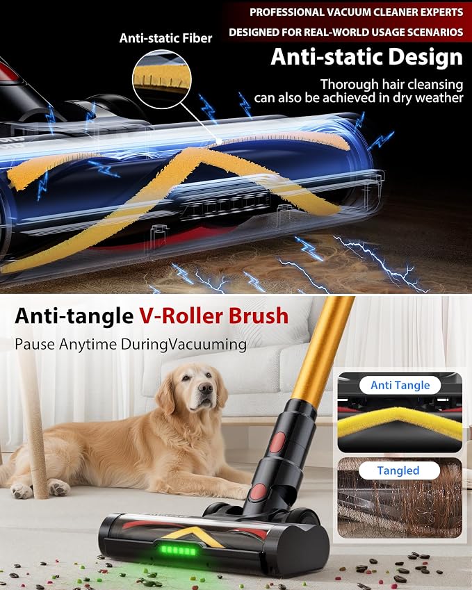 Cordless Vacuum Cleaner, 75Mins/55KPa/650W, Rechargeable | Anti-Static&Anti-Tangle Brush, Extra Replacement Washable HEPA Filter, for Hard Floor, Carpet, Pet Hair, Freestanding