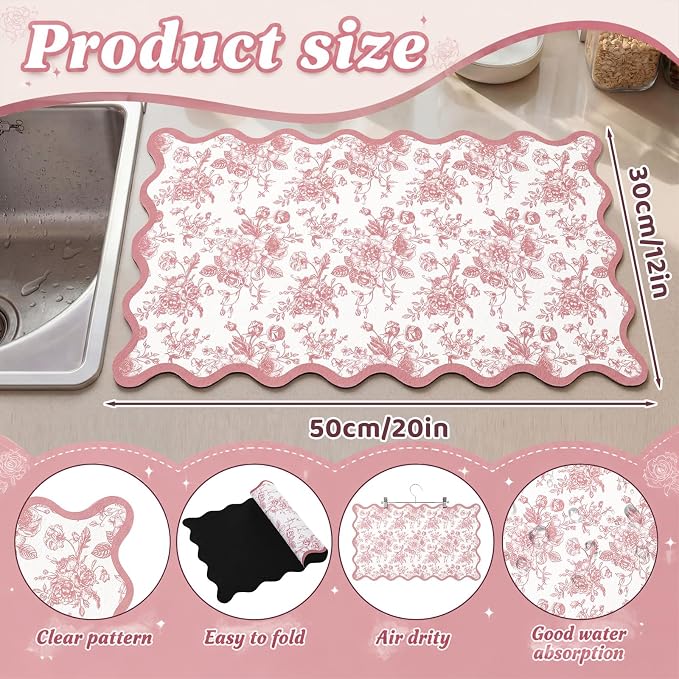 Scalloped Chinoiserie pink floral Dish Drying Mat 12"x20" Absorbent Coffee Mat Cuttable Hide Stain Non-slip Drying for Kitchen Counter Coffee Maker Espresso Machine