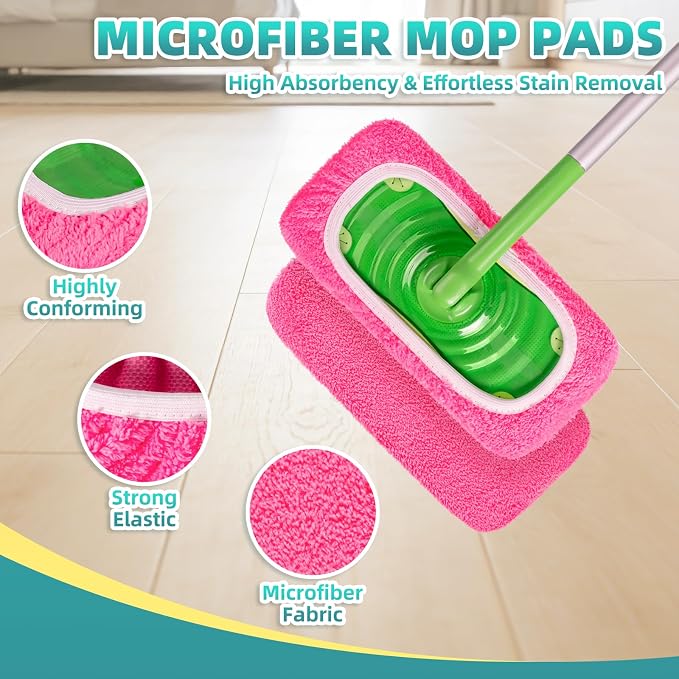 6 Pack Reusable Mop Pads for Swiffer, Washable Wet Pads Refill, Green&Pink | Compatible with Swiffer Sweeper Mop | Microfiber Mop Pads for Swiffer | Dry Sweeping Cloths for Mopping Floors