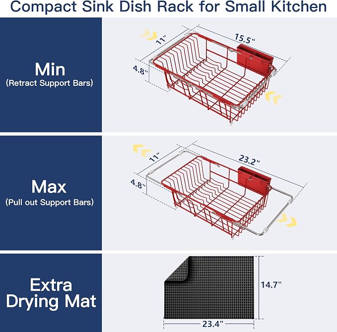 JASIWAY Red Dish Drying Rack in Sink with Mat, Expandable Stainless Steel Dish Drainers for Kitchen Counter, Space Saving Dish Dryer for Inside Sink, Over Sink Dish Racks with Utensil Holder