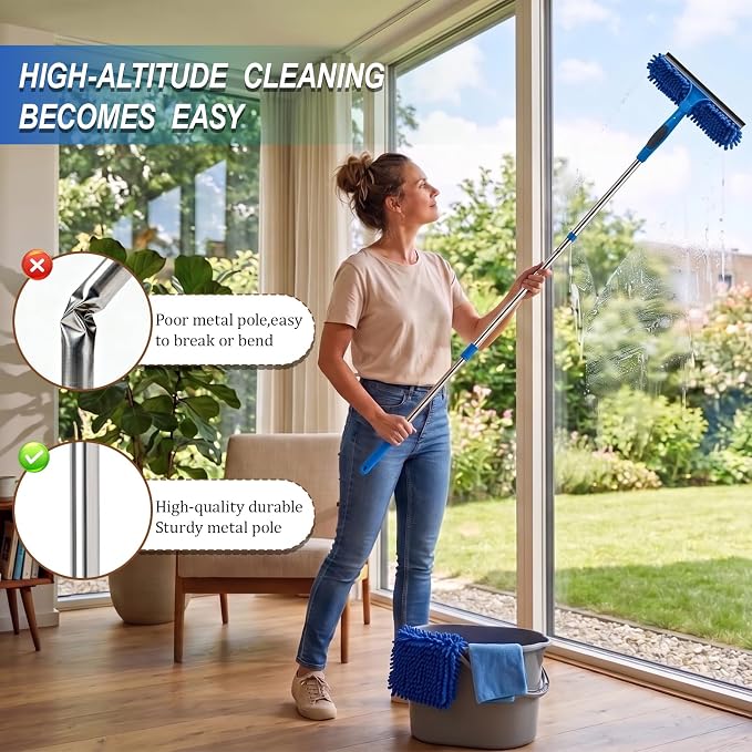 67" Window Squeegee for Window Cleaning with Extension Pole, 3-in-1 | Rotatable Lock Design,Stainless, Professional Window Cleaner Tool Kit for Indoor Outdoor High Windows,Car Glass,Shower Doors