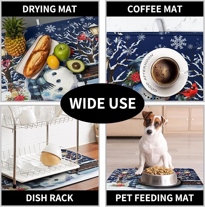 Winter Snowman Dish Drying Mat for Kitchen Counter 16x18, Xmas Snowflakes Dish Drainer Mat Snowy Night Drying Kitchen Mats Cardinal Birld Dish Pad Absorbent Reversible Coffee Mats for Dishes