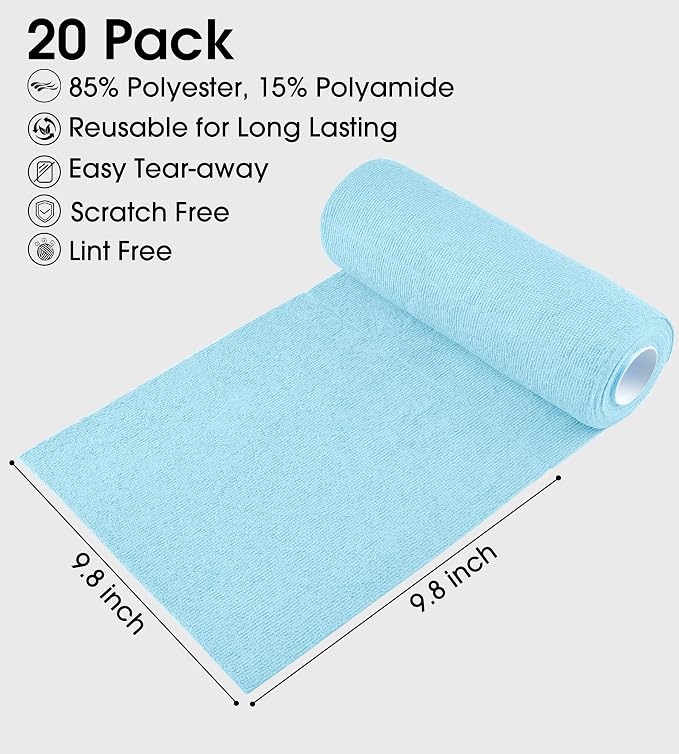 KitchLife Microfiber Cleaning Cloth Roll - Tear-Away Reusable Microfiber Paper Towels, Lint-Free, Washable, 20 Sheets for Kitchen, Car, Dishes, and Sensitive Surfaces (Blue)