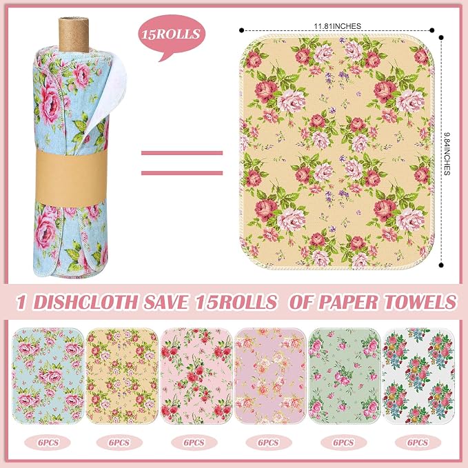 36 Pack Reusable Cleaning Cloths Washable Cotton Kitchen Dish Towels for Home Party Supplies Bulk, 9.84x11.81in (Countryside Flowers)