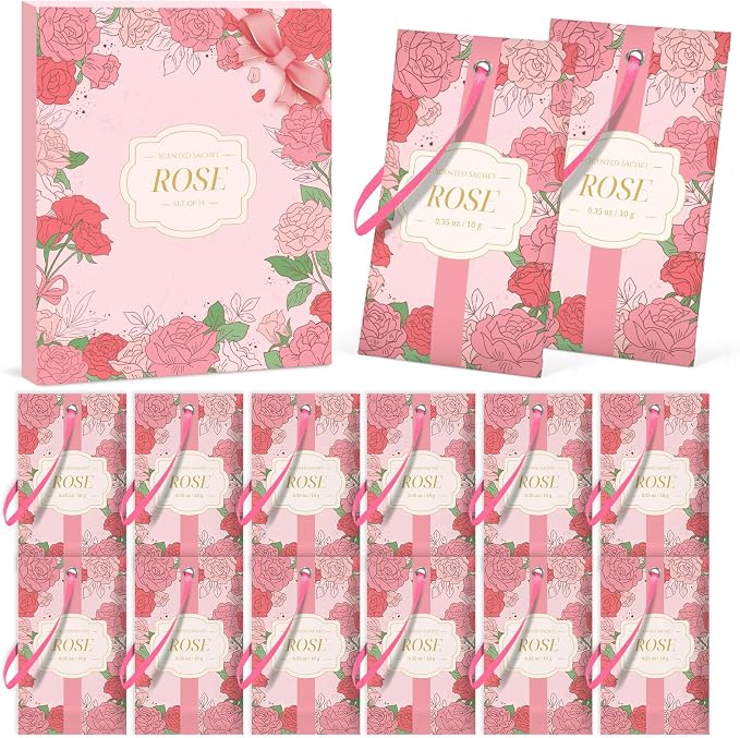 SCENTORINI Scented Sachets for Drawer and Closet, Rose Scent 14 Pack | Long-Lasting Sachets Bags Gift Set, Closet Freshener Sachet for Drawer, Suitcases, Handbags, Wardrobe Freshener, Gym Bag
