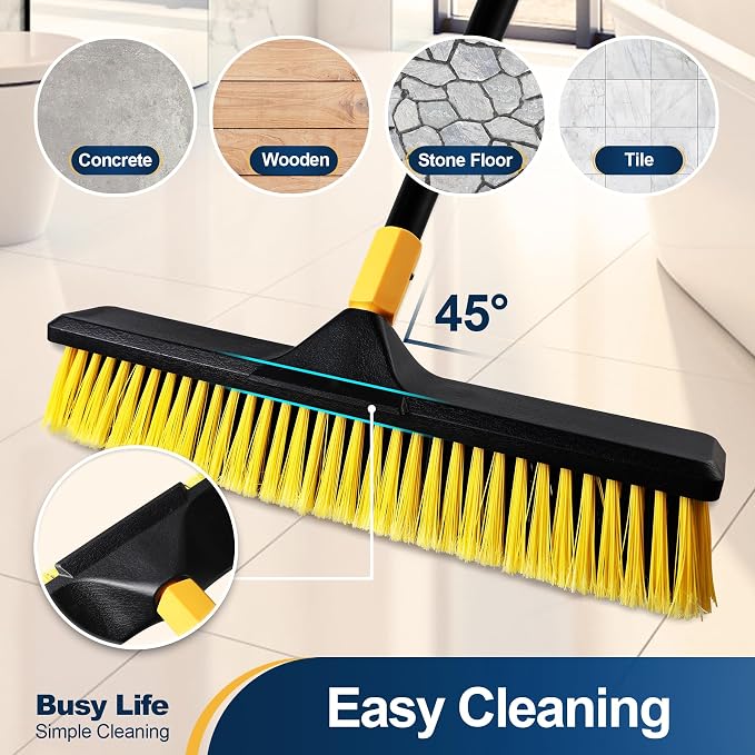 Yocada 18 Inch Push Broom Heavy-Duty Outdoor Commercial Broom Brush | Stiff Bristles for Cleaning Patio Garage Deck Concrete Wood Stone Tile Floor 65.3 inch Long