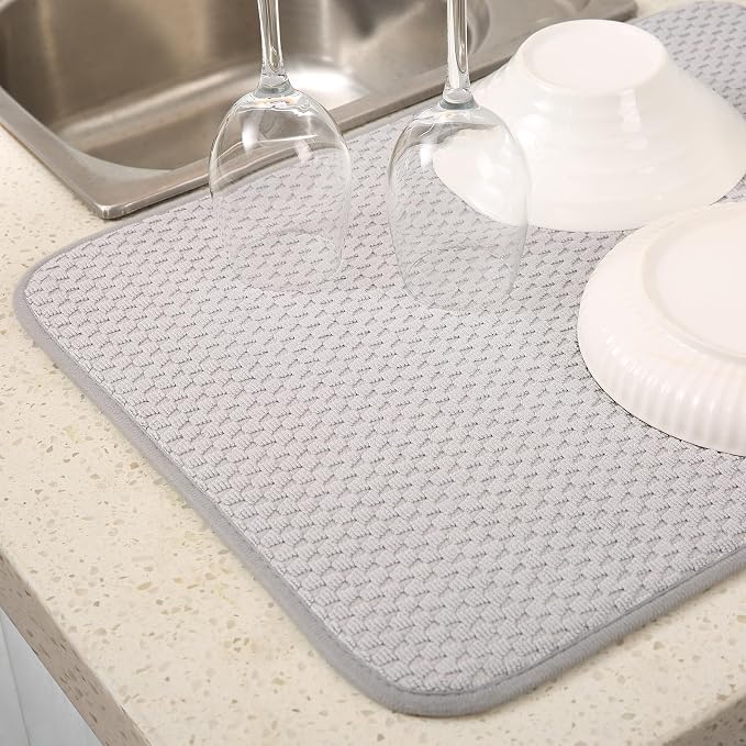 2 Pack Microfiber Dish Drying Mat for Kitchen Counter,Ultra Absorbent Dish Drainer Mat ,Dish Drying Pad , Dish Rack Mat 20×15 Inch (Silver Gray)