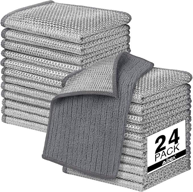 AIDEA Non Scratch Wire Dishcloth 24PK, Upgraded Wire Dishwashing Rag for Kitchen, Dual Sided, Dish Cloths for Washing Dishes, Cleaning Pads Steel Scrubber for Cookware, Sinks, Stove Tops, 7"×8" Grey