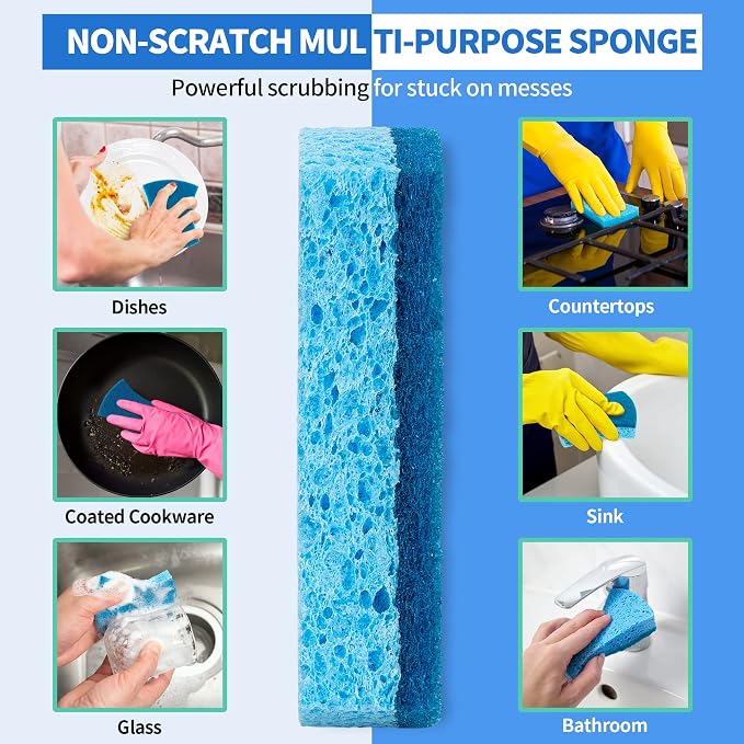 Non-Scratch Cellulose Scrub Sponges 24 Pack, Kitchen Sponge with Double-Side & Ergonomic Design. Sturdy Sponge for Dishes, Coated Cookware, Sink, Countertops.