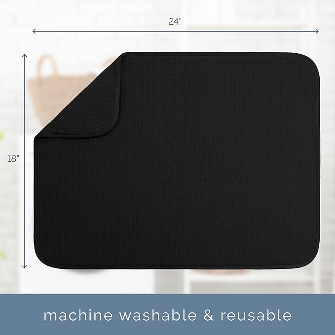 S&T INC. Dish Drying Mat, 2 Pack, 18" x 24", XL, Black | Absorbent Microfiber, 2PK Extra Large Kitchen Counter Mat for Dishes, Utensils, Pots and Pans, Machine Washable