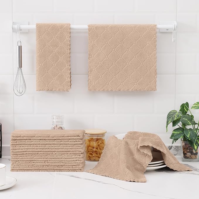 Homaxy 12 Pack Dish Towels for Kitchen (10 x 20 Inches, Tan), Super Soft and Absorbent Coral Velvet Dish Cloths for Washing Dishes, Nonstick Oil Fast Drying Microfiber Cleaning Cloth
