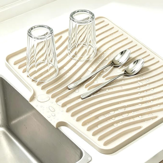 EBIGIC Silicone Dish Drying Mat,15.7"*13"Dish Drying Pad,Kitchen Accessories,with Built-In and Non-Slip Drain,Easy Clean, Fit for Kitchen, Bar, RV, Refrigerator and Drawer Liner, Off White