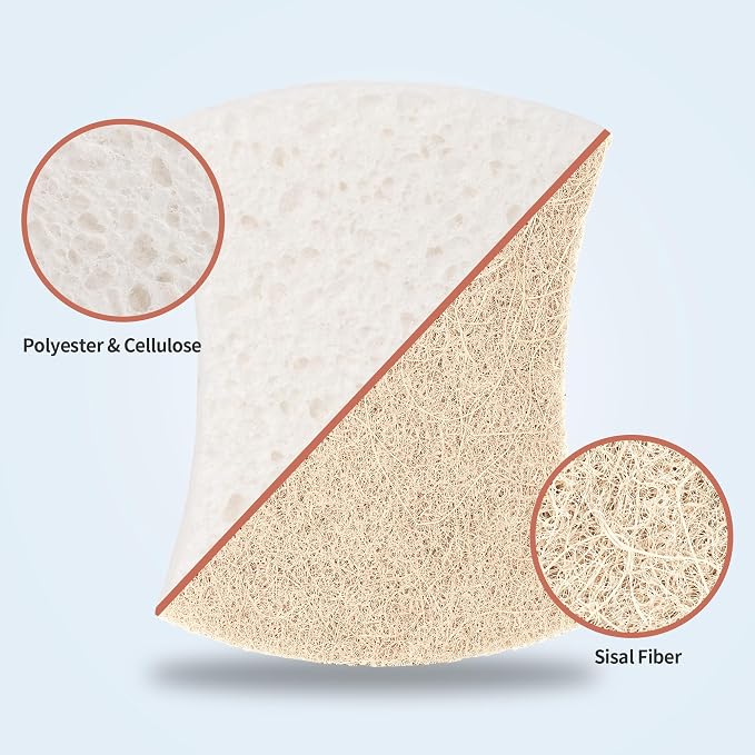 Natural Dish Sponge 48 Pack, Non-Scratch Scrub Sponge, Eco Multipurpose Kitchen Sisal Fiber Cellulose Sponge, Odor-Less Dual-Sided for Dish Washing & Household Cleaning