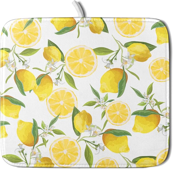 Lemon Dish Drying Mat for Kitchen Counter Spring Summer Microfiber Absorbent Dish Draining Reusable Washable Foldable 16"x18"