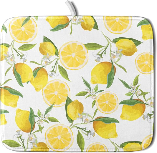 Lemon Dish Drying Mat for Kitchen Counter Spring Summer Microfiber Absorbent Dish Draining Reusable Washable Foldable 16"x18"