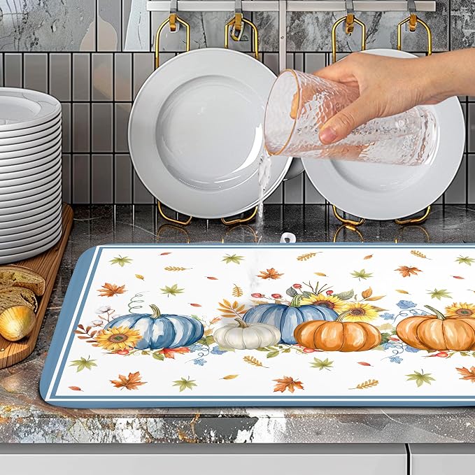 Fall Dish Drying Mat for Kitchen Counter 18 x 24 Inch Colorful Pumpkin Dish Drainer Mat Absorbent Microfiber Autumn Thanksgiving Harvest Dish Rack Pad for Coffee Dining Bar Decor