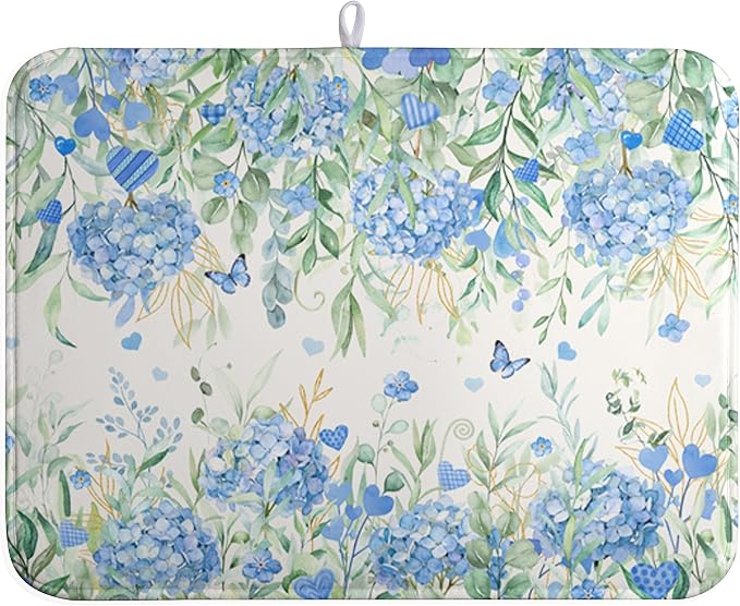 Blue Hydrangea Floral Dish Drying Mat for Kitchen Counter Spring Butterfly Flower Drainer Mat Absorbent Reversible Microfiber Heat Resistant Dry Pad Reusable Washable Dishes Pad 18x24 Inch