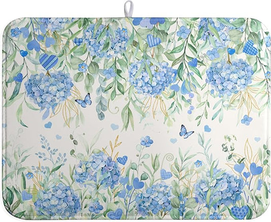Blue Hydrangea Floral Dish Drying Mat for Kitchen Counter Spring Butterfly Flower Drainer Mat Absorbent Reversible Microfiber Heat Resistant Dry Pad Reusable Washable Dishes Pad 18x24 Inch