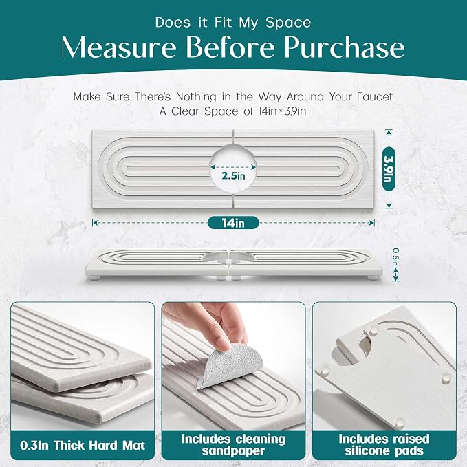 eormoe Diatomite Kitchen Faucet Mat - 14Inch Water Absorbing Stone Tray for Sink, Stone Fast-Drying Faucet Mat for Kitchen Counter Sink Accessories (Light Grey, 14'' x 3.9'')