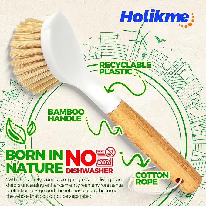 Holikme 3 Pack Dish Brush Set with Bamboo Handle, Kitchen Brushes for Cleaning Pot, Sink and Stove, Skillet Scrubber with Tough Bristles for Cast Iron Grill Pan, White Yellow Black
