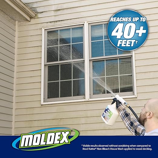Moldex® Instant Outdoor Cleaner with Bleach and Hose End, 64 oz – Fast Acting Spray for Mold and Mildew Stains on Siding, Decks, Fences and Exterior Surfaces