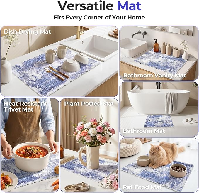 Findosom Large Stone Dish Drying Mat for Kitchen Counter, 23.6" × 15.3" Foldable Non-Slip Stone Drying Mat with Abstract Pattern, Heat Resistant Diatomaceous Earth Mat for Bath, Dishes, Cups, Blue