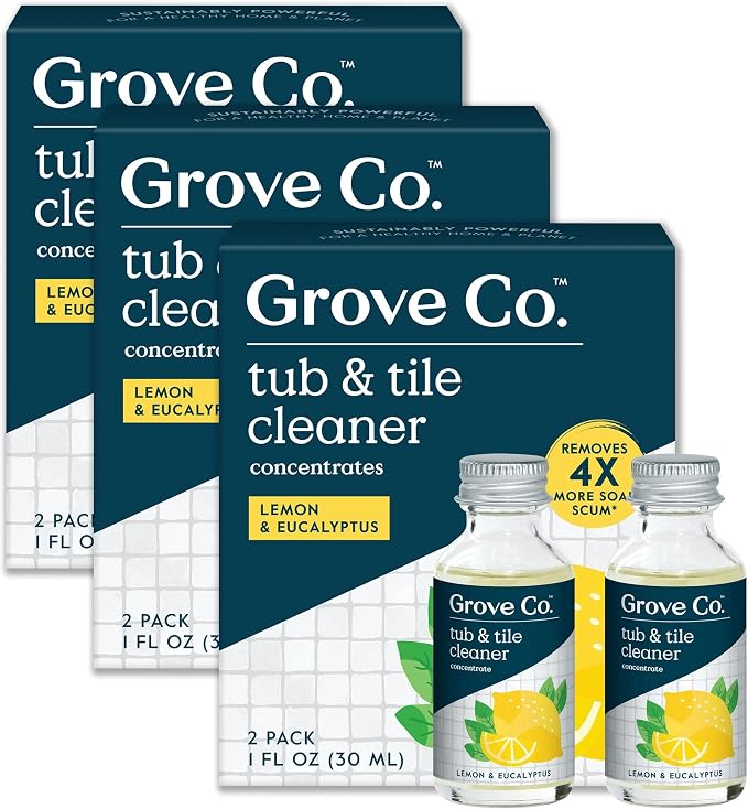 Grove Co. Tub and Tile Cleaner, 6 x 1 fl oz Refills, Lemon & Eucalyptus | Removes Soap Scum; No Plastic Waste; Plant-Based; Refill format; No Harsh Chemicals; All Natural Fragrance