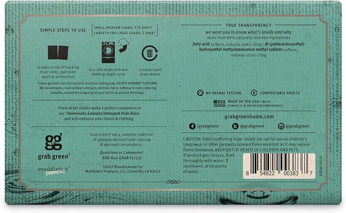 Grab Green Stoneworks Dryer Sheets, Unscented, 80 Count, Compostable | Softens fabrics; Reduces Static; Cruelty-free; Plant & Mineral Based; No Harsh Chemicals