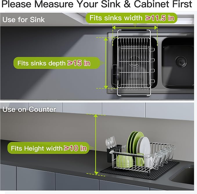 JASIWAY Dish Drying Rack in Sink with Mat, Expandable Stainless Steel Dish Drainers for Kitchen Counter, Space Saving Dish Dryer Rack for Inside Sink, Over Sink Dish Racks with Utensil Holder