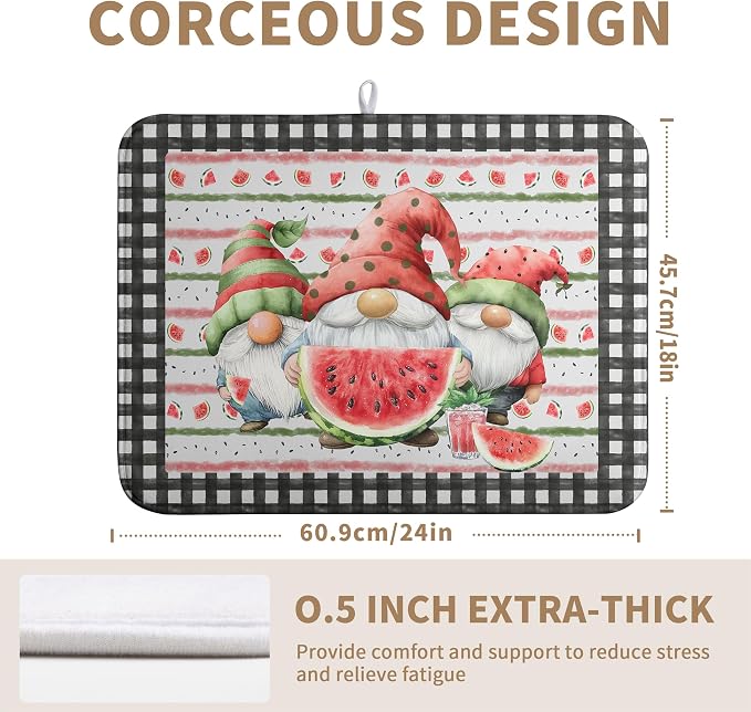 Summer Gnomes Dish Drying Mat Watermelon Buffalo Plaid Large Kitchen Dish Drying Pad Absorbent Drying Mat for Countertops Dish Dryer Mat Microfiber Dishes Drainer Pad Dish Drying Rack Mat 18x24 in