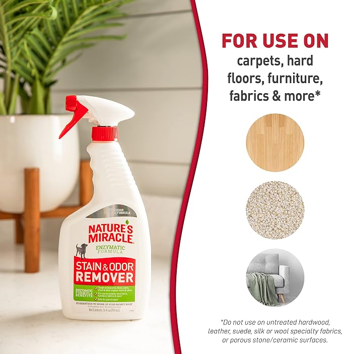 Nature’s Miracle Dog Stain & Odor Remover, Enzymatic Cleaner, 24 oz | Tough on Dog Urine, Feces, Vomit, Drool and Other Organic Stains and Odors, For Multiple Surfaces, Fresh Scent