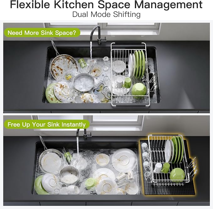 JASIWAY Dish Drying Rack in Sink with Mat, Expandable Stainless Steel Dish Drainers for Kitchen Counter, Space Saving Dish Dryer Rack for Inside Sink, Over Sink Dish Racks with Utensil Holder